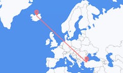 航班从土耳其布尔萨市到阿克雷里市，冰岛塞尔