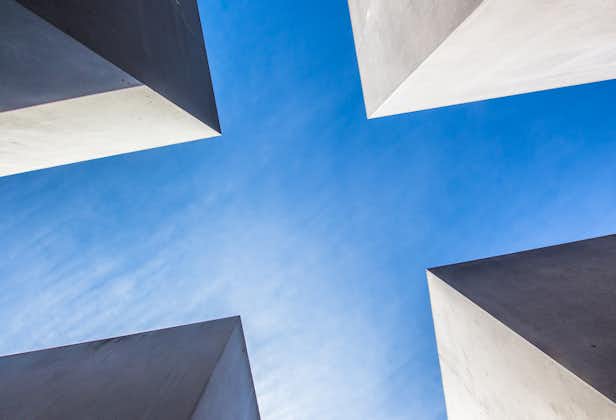 Photo of low angle at Memorial to the Murdered Jews of Europe with blue sky, Germany.