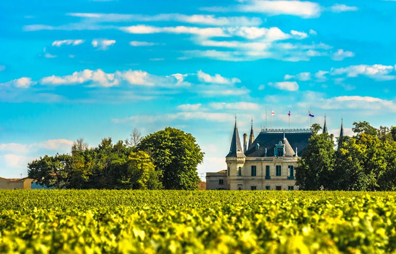 Photo of Chateau and vineyard in Margaux, Bordeaux, France.
