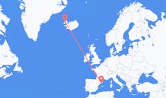 航班从西班牙巴塞罗那市到伊萨菲厄泽市，冰岛塞尔