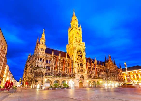 Photo of Marienplatz at night or St. Mary square, a central square in Munich city centre, Germany.
