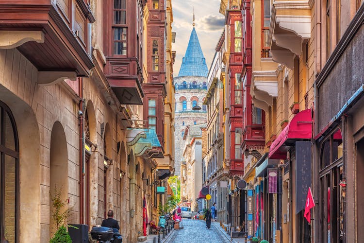 Photo of walls of the narrow turkish street by the Galata Tower, Istanbul.