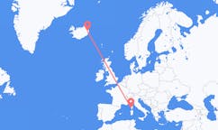 航班从法国阿雅克肖市到埃伊尔斯塔济市，冰岛塞尔