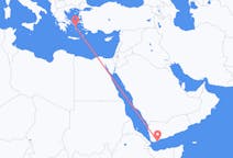 Vluchten van Aden, Jemen naar Mykonos, Griekenland