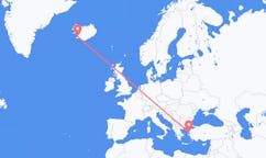 航班从希腊米蒂利尼市到雷克雅维克市，冰岛塞尔