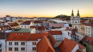 Photo of aerial view on Mikulov town in Czech Republic with Castle and bell tower of Saint Wenceslas Church.