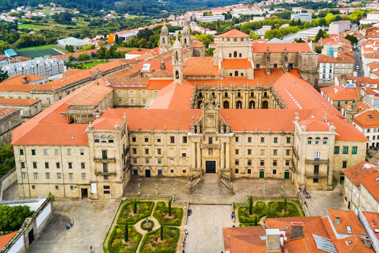Photo of aerial view of the city main square cathedral of Santiago de Compostela.