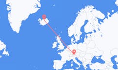 Fly fra byen Innsbruck, Østrig til byen Akureyri, Island