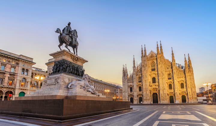 Milan Cathedral, Duomo di Milano, and Piazza Duomo square in the Milan city center, Italy