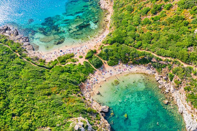 Photo of iconic Corfu Island. Aerial view of Porto Timoni beach in Corfu, Ionian sea, Greece.