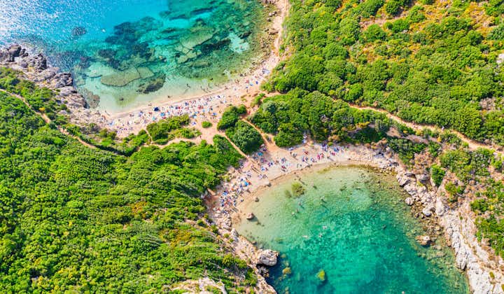 Photo of iconic Corfu Island. Aerial view of Porto Timoni beach in Corfu, Ionian sea, Greece.