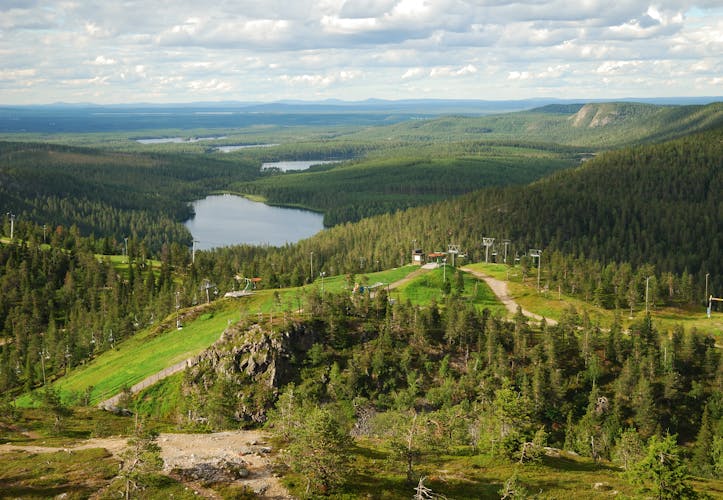 Photo of Kuusamo in the middle of lakes and evergreen forests of Finland.