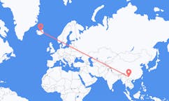 航班从中国昆明市市到阿克雷里市，冰岛塞尔
