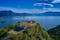 Aerial photography with drone, Rocca di Manerba in Garda lake,,Italy.