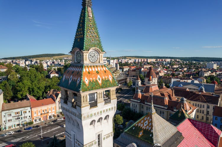Aerial drone view of Prefecture Tower in the centre of Targu Mures, Romania.