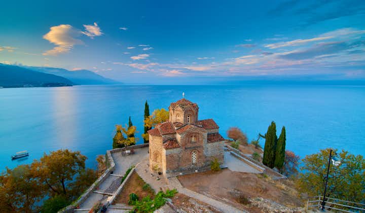 Photo of breathtaking view of Saint John at Kaneo in the morning in the city of Ohrid.