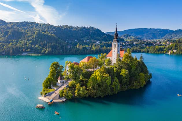 Photo of Bled, Slovenia - Aerial view of beautiful Pilgrimage Church of the Assumption of Maria on a small island .