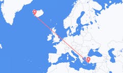 Fly fra byen Reykjavik, Island til byen Dalaman, Tyrkiet