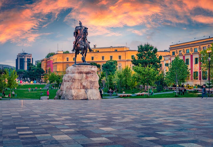 View of monument of Skanderbeg in Scanderbeg Square, Tirana, Albania