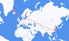 Flyg från staden Xiamen, Kina till staden Akureyri, Island