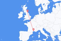 Fly fra Montpellier til Durham, England