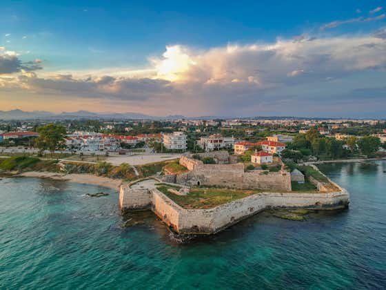Photo of aerial panoramic view of the historical castle of Pantokrator. Its one of the 3 castles in Preveza city located at the south end of the old city, near the beach of Kyani Akti.