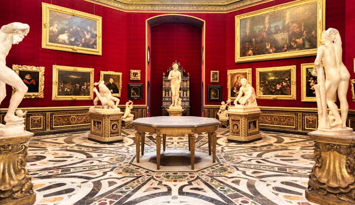 photo of Florence, Italy - Circa August 2021: the Tribuna room was the first nucleus of the Uffizi Gallery.
