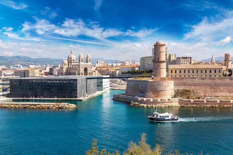 Photo of Saint Jean Castle and Cathedral de la Major and the Vieux port in Marseille, France.