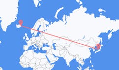 航班从日本轮岛市市到埃伊尔斯塔济市，冰岛塞尔