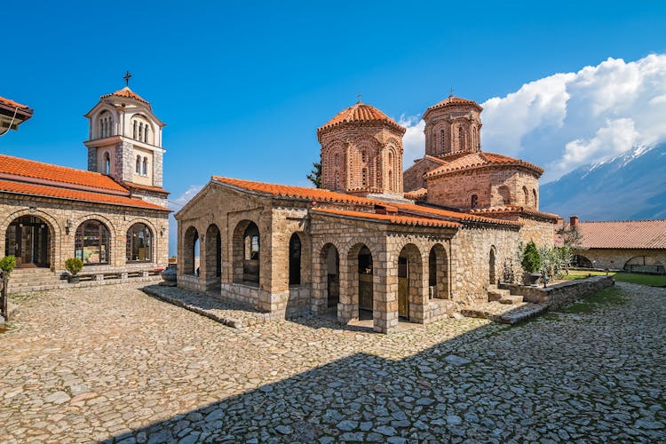 Photo of Macedonian landmark, the Holy historic church Sveti Naum on the coast of lake Ohrid.