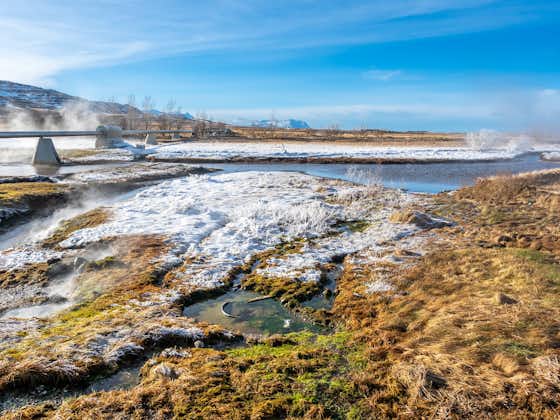 photo of Beautiful scene in winter season around Deildartunguhver, the most power ful hot spring in Europe, underground heat energy for many cities in Iceland ,