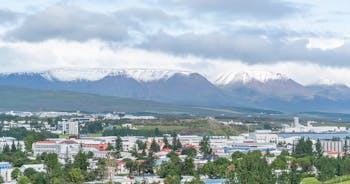 Panoramic view of Reykjavik, the capital city of Iceland, with the view of harbor and mount Esja.