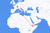 Flyrejser fra Goba, Etiopien til Grenoble, Frankrig