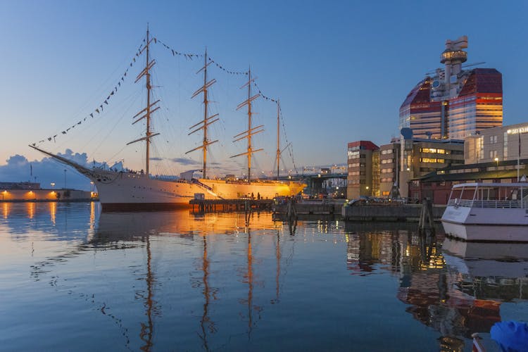 Tradional sailing vessel at sunset in the harbour of Gothenburg, Sweden.