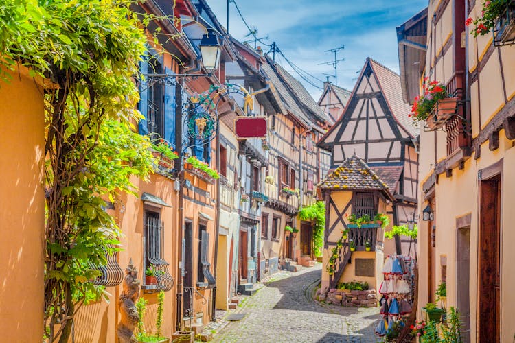 Photo of beautiful view of charming street scene in Strasbourg.