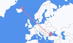 航班从土耳其宗古尔达克市到埃伊尔斯塔济市，冰岛塞尔