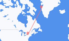 Vluchten van Ithaca, Verenigde Staten naar Sisimiut, Groenland