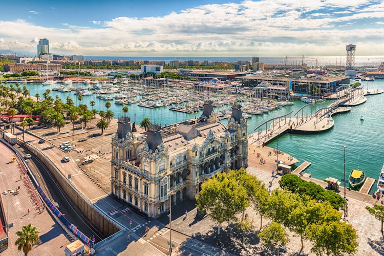 Photo of scenic aerial view of Port Vell from the top of Columbus Monument, Barcelona.