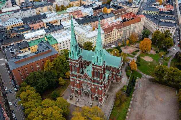 Photo of aerial view of St. John's Church in Helsinki, Finland is a Lutheran church in the Gothic Revival style.