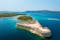 Photo of aerial view about St. Nicholas Fortress (Croatian: Tvrđava sv. Nikole) which is located at the entrance to St. Anthony Channel, near the town of Šibenik in central Dalmatia, Croatia.