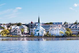 Panoramic view of Reykjavik, the capital city of Iceland, with the view of harbor and mount Esja.