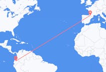 Flyg från Quito, Ecuador till Lourdes (kommun i Brasilien, São Paulo, lat -20,94, long -50,24), Frankrike