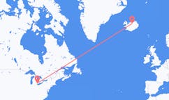 Fly fra byen Detroit, USA til byen Akureyri, Island