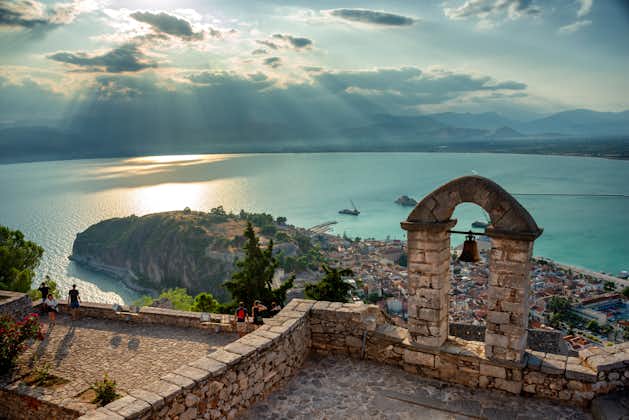 Photo of an amazing view from the top of Palamidi fortress above the city of Nafplion in Greece in the late afternoon.
