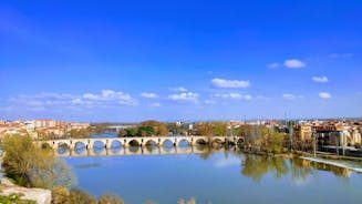 Photo of San Salvador Cathedral of Zamora and acenas (water mills), view from Duero river. Castilla y Leon, Spain.