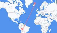 航班从玻利维亚苏克雷市到埃伊尔斯塔济市，冰岛塞尔
