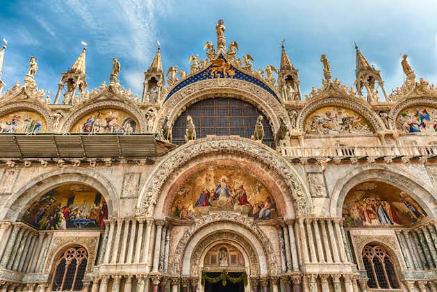 Photo of facade of St Mark's Basilica, cathedral church of Venice, Italy. 
