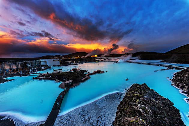 photo of night view of blue lagoon, Iceland.
