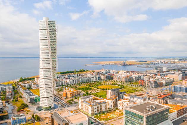 photo of aerial view of Turning Torso in Malmo, Sweden.
