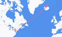 Flights from the city of Washington, D. C. , the United States to the city of Akureyri, Iceland